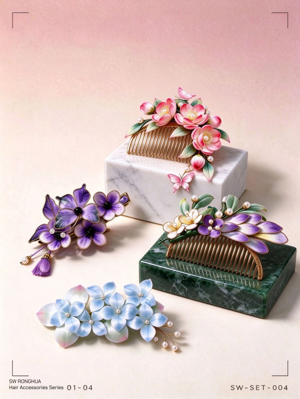 Four ronghua hairpieces: a pink camellia comb on marble, a violet plum-blossom clip with a tassel, a violet magnolia comb on green marble, and a pale blue plum-blossom clip