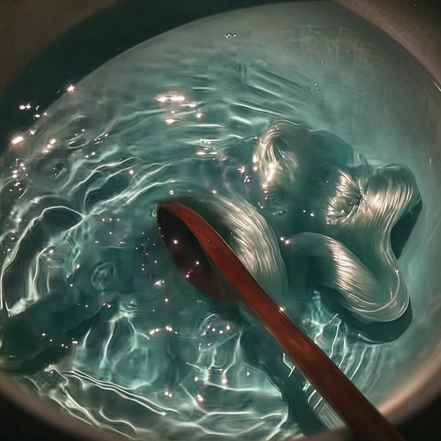 Mulberry silk floss being dyed in a teal bath, moved with a wooden spoon.