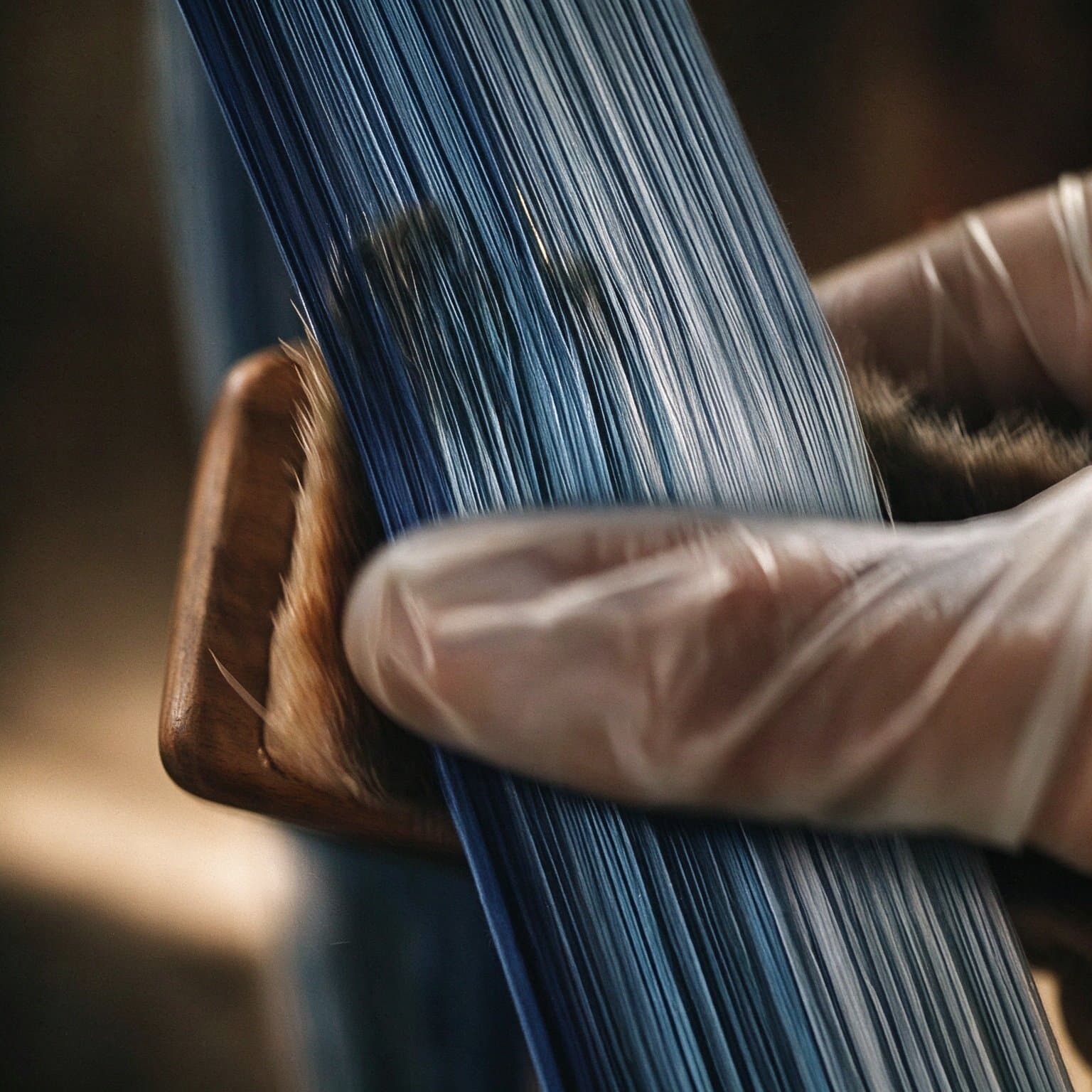 Dyed blue silk threads stretched under tension on a wooden frame before shaping.