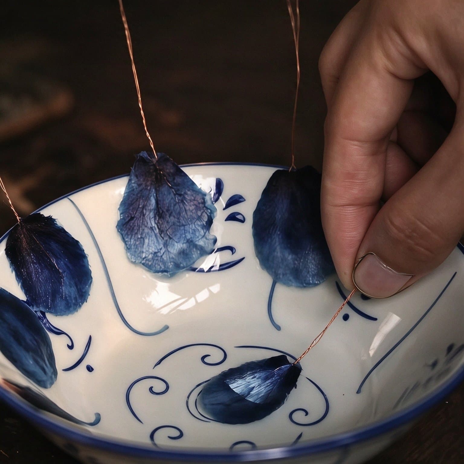 Blue silk petals on copper wires resting in a blue-and-white porcelain bowl.
