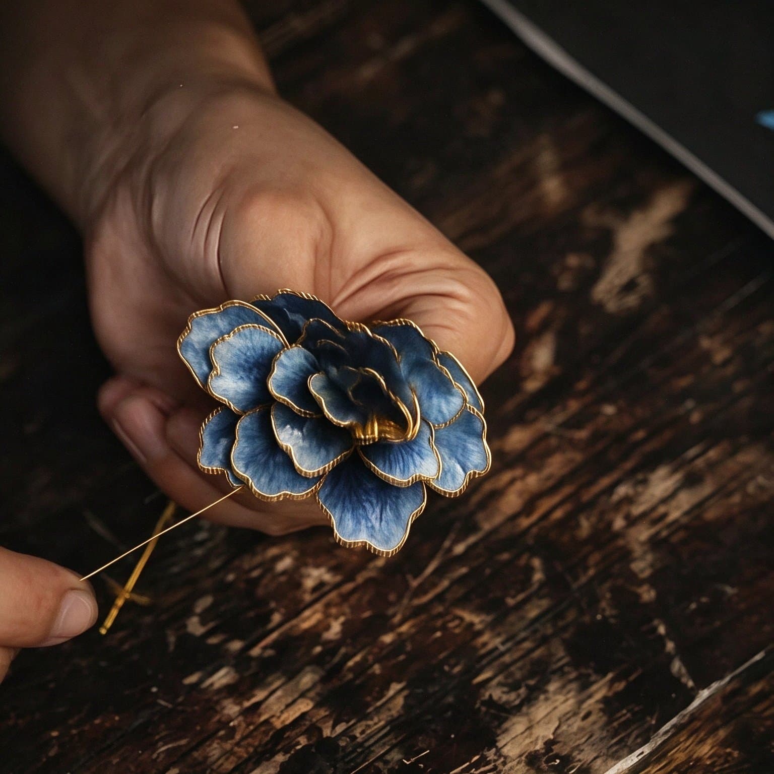 A finished blue silk flower held in the hand, with layered petals and a fine gold rim.